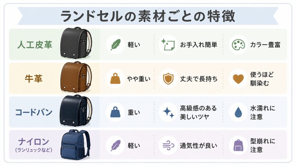 ランドセルの素材ごとの特徴の図解