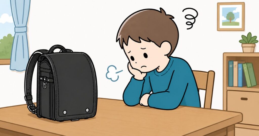 ランドセルを見てためいきをつく男の子のイラスト