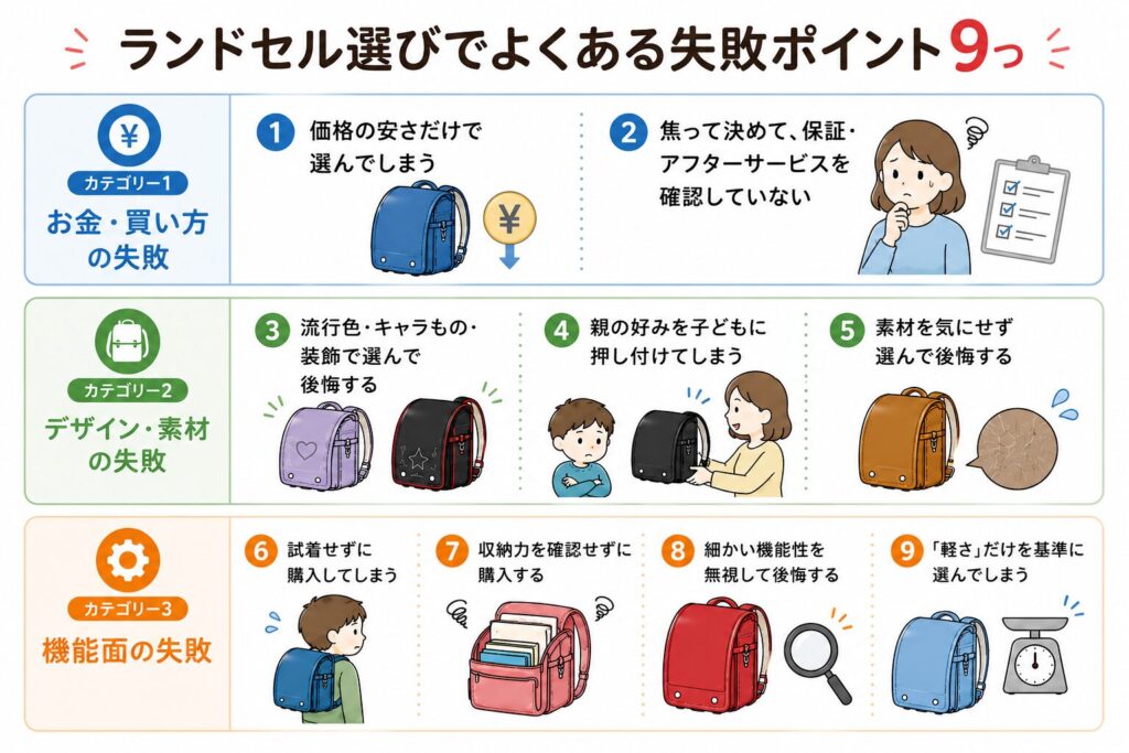 ランドセル選びでよくある失敗ポイント9つの図解