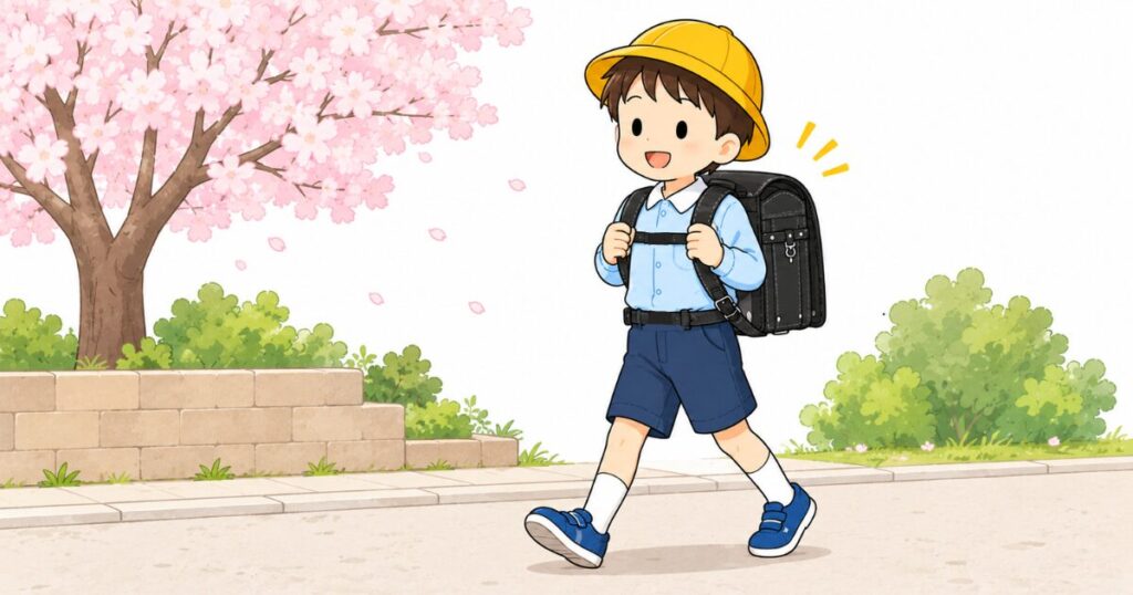小学生の男の子がランドセルを背負って元気に登校しているイラスト