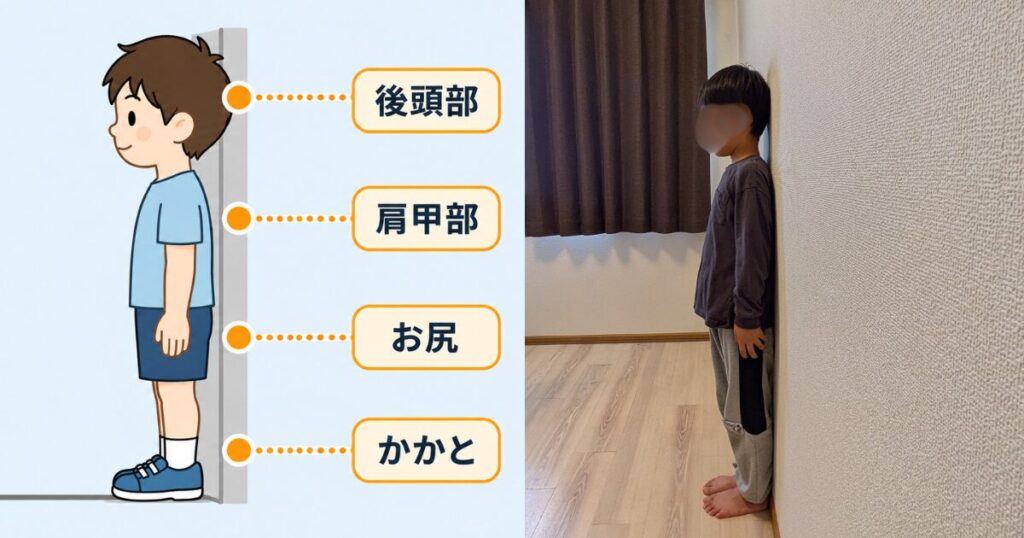 姿勢チェックのイラストと、実際に息子がチェックしている写真