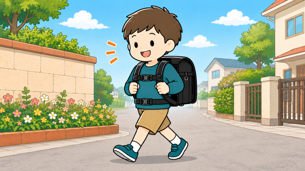 小1の男の子がエルゴランセルを背負って笑顔で登校しているイラスト