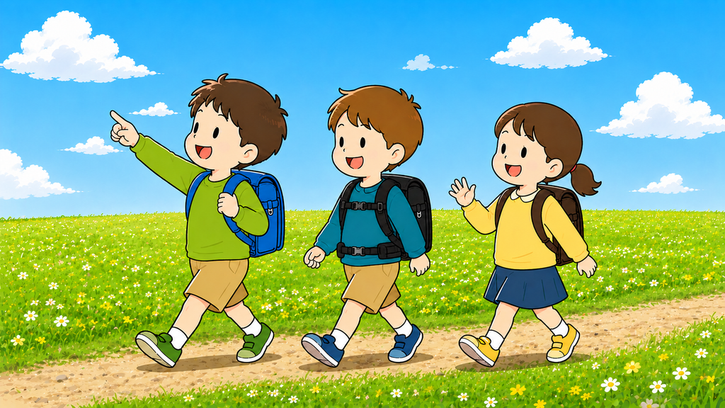 エルゴランセルを背負って友達と元気に歩く男の子のイラスト
