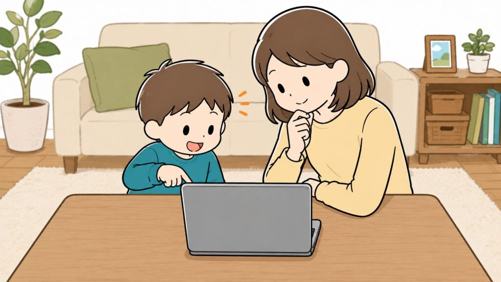 親子で笑顔でランドセルのカラーを選んでいるイラスト