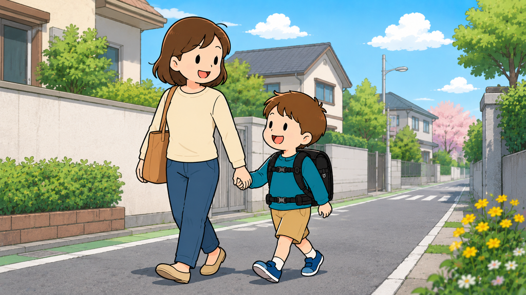エルゴランセルを背負って歩く小1の男の子とその母親のイラスト