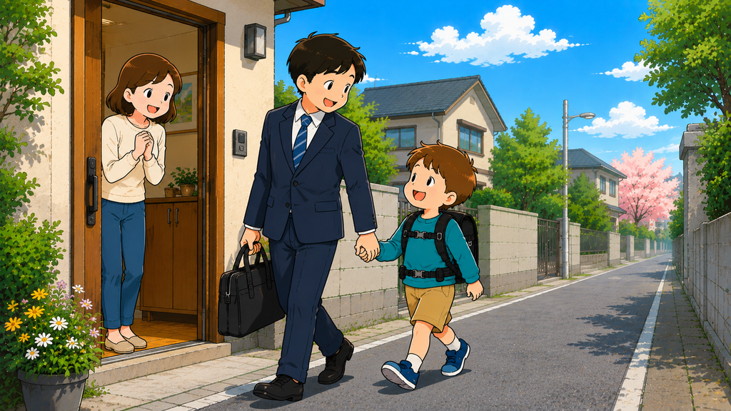 男の子がパパと一緒に手をつないで登校しているイラスト