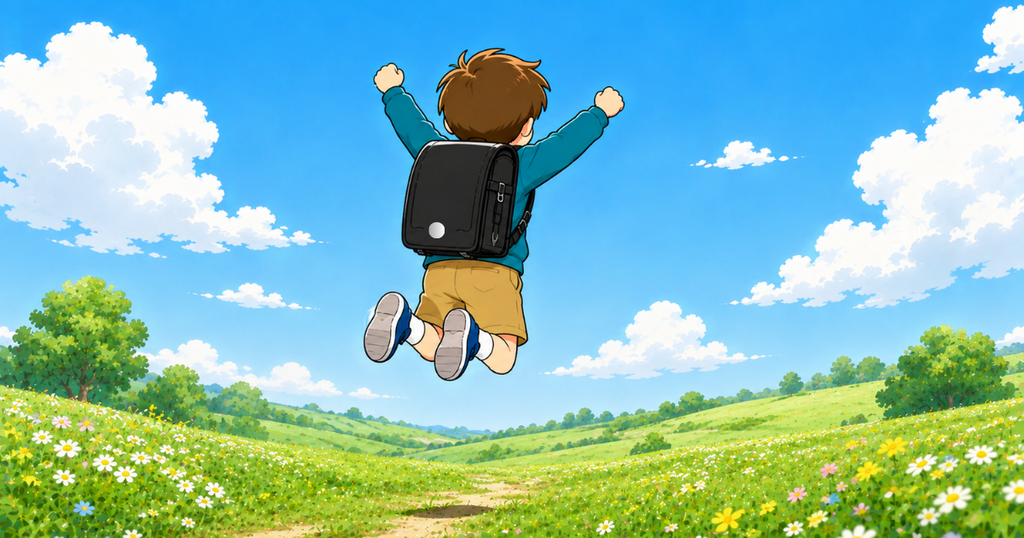 エルゴランセルを背負った男の子が草原でジャンプしている後ろ姿