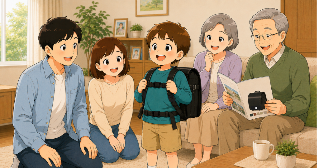 エルゴランセルをレンタルして背負っている男の子を笑顔で見守る両親と祖父母のイラスト
